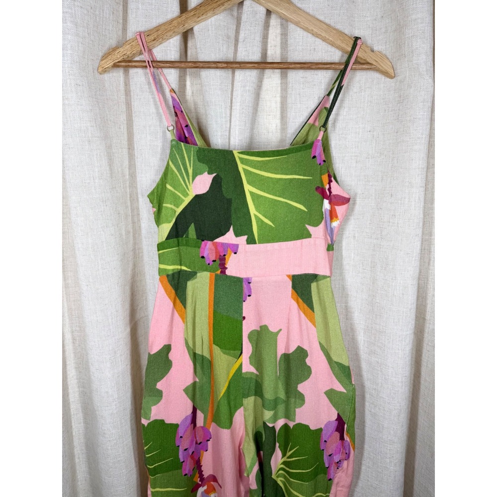 Farm Rio Tropicalistic Jumpsuit Pink Tropical Print Linen Blend Size P Pockets - Picture 5 of 9